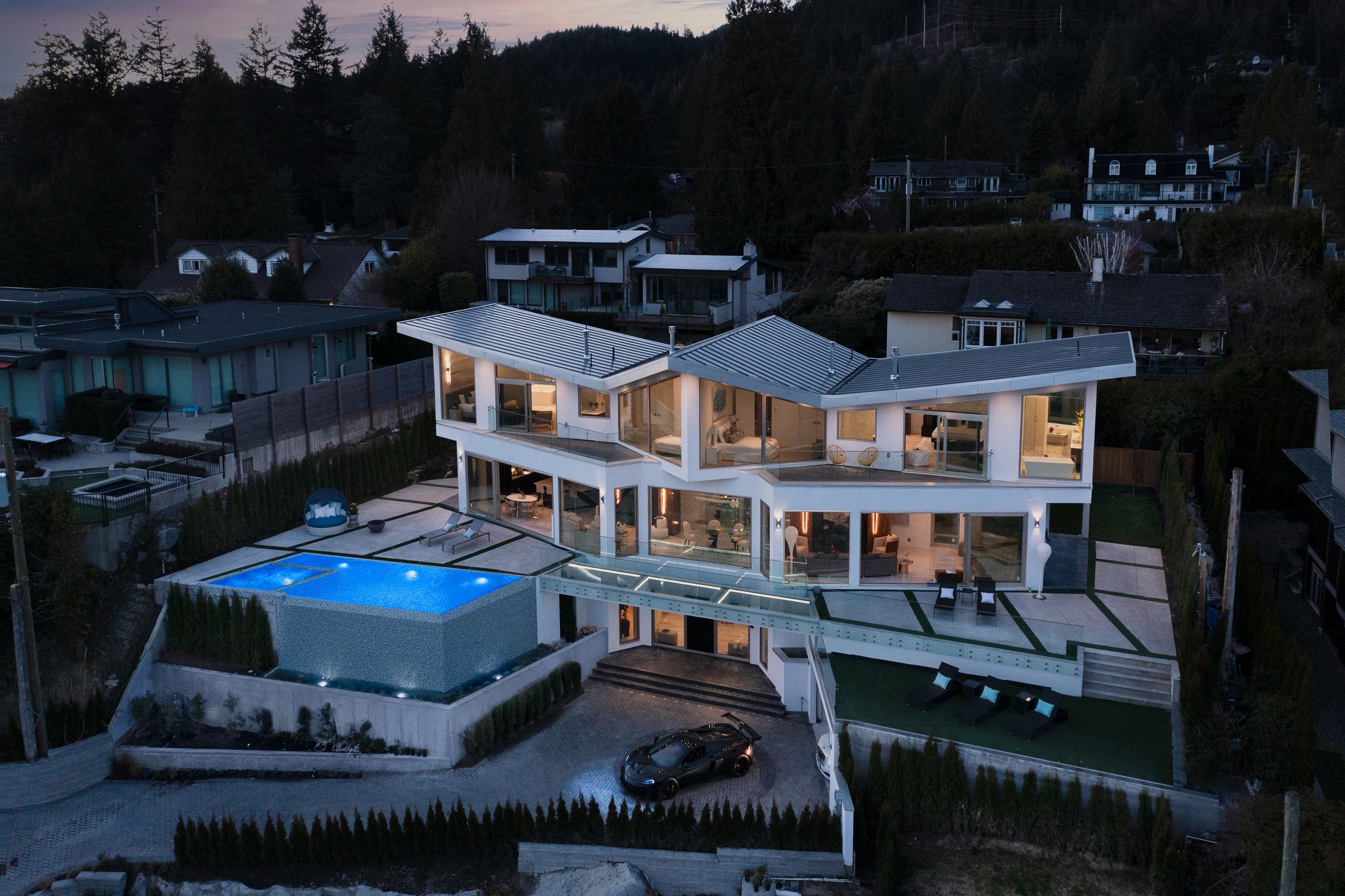 Aerial dusk view of the 7,000 sq ft West Vancouver residence