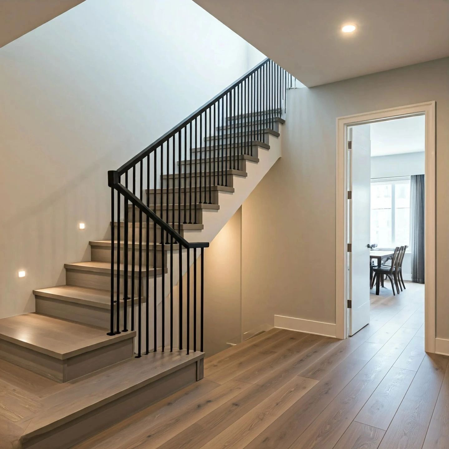 Staircase and wide-plank flooring
